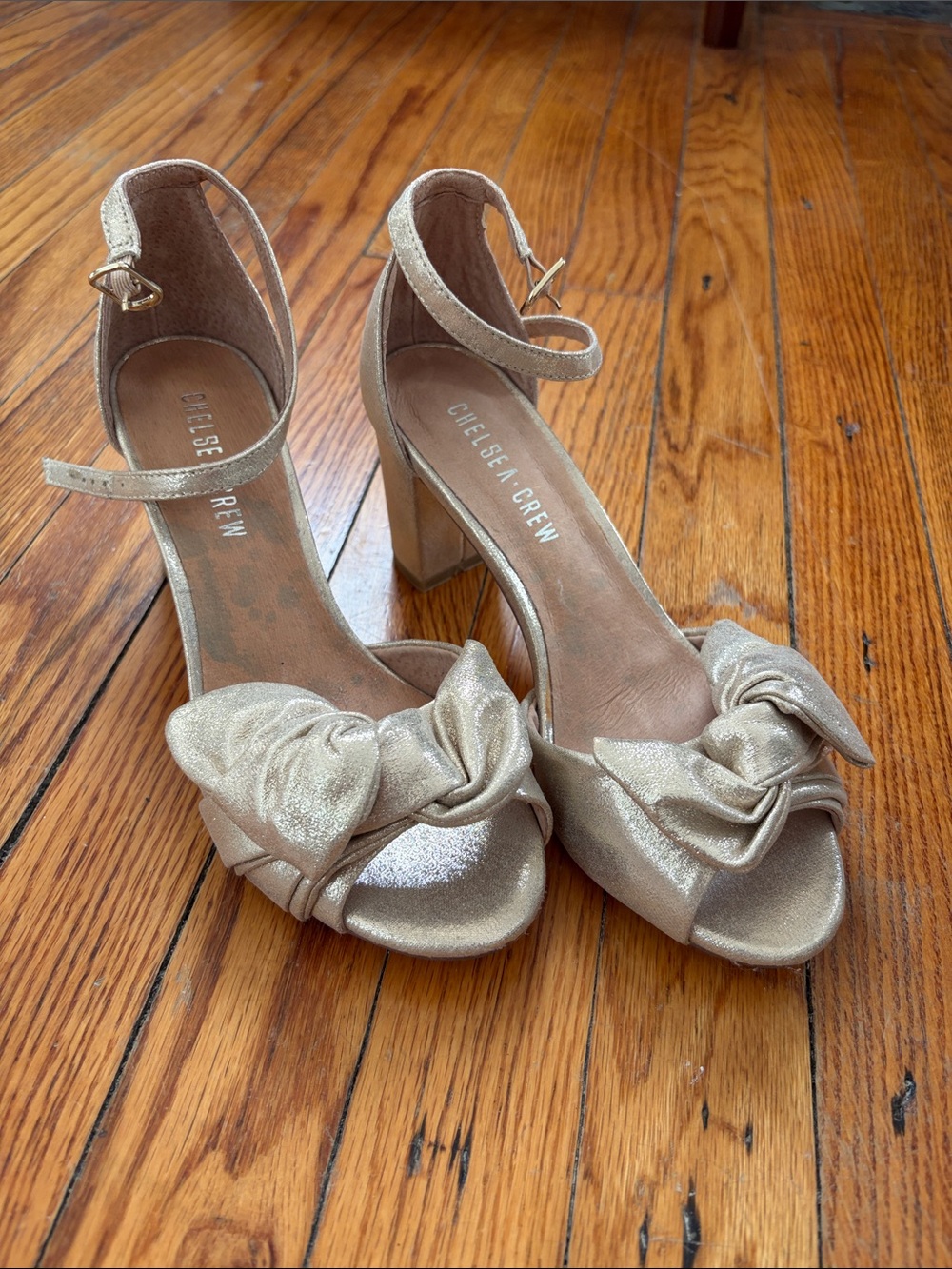 Chelsea Crew Metallic Gold Knotted Ankle-Strap Block Heels